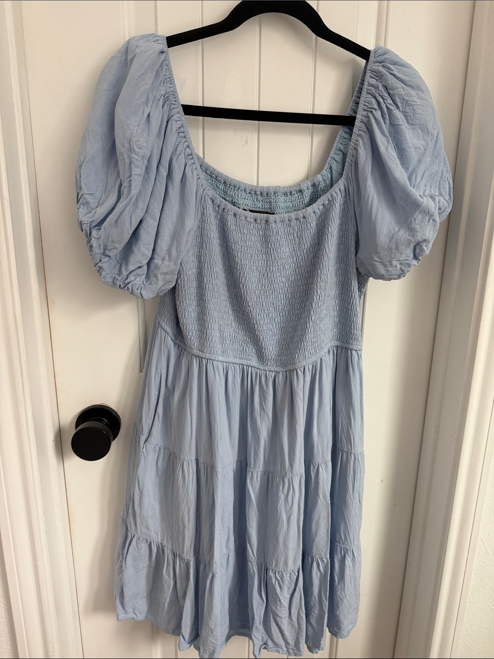 Puff-Sleeve Smocked Bodice Dress - Light Blue with Pockets
